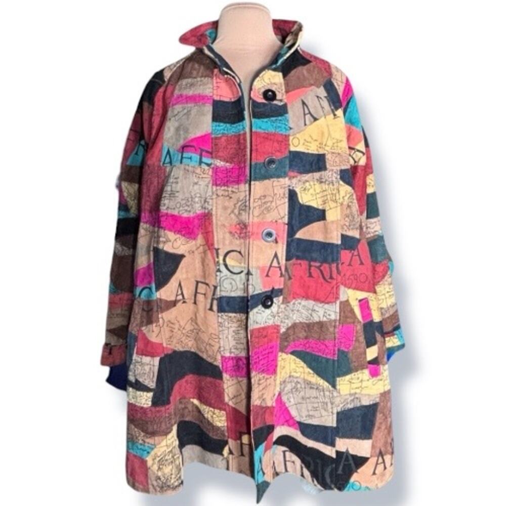 Vintage African Star Suede Leather Coat Map Print Oversized Long Jacket Boho - Picture 4 of 14